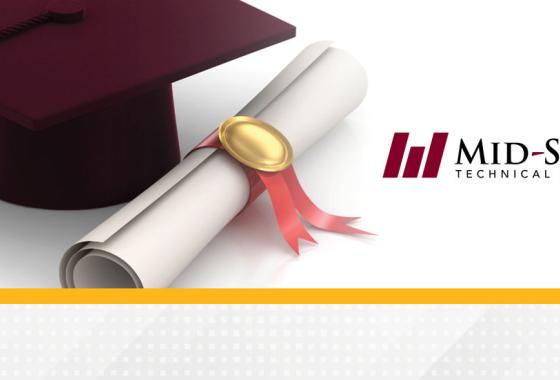 Maroon graduation cap, diploma, and Mid-State Technical College logo