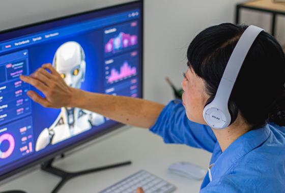 AI data specialist working on a computer